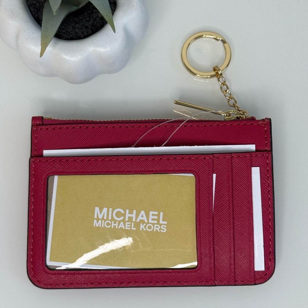MICHAEL KORS Jet Set Travel Coinpouch Key Wallet in Carmine Pink NWT - Picture 4 of 7